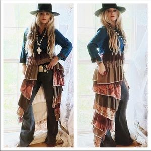 Jean jacket duster kimono, boho western ruffle maxi kimono Shabby Country M L